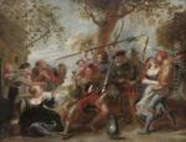 Don Quixote And Troops Of La Santa Hermandad Outside A Tavern Oil Painting by (studio of) Rubens, Peter Paul