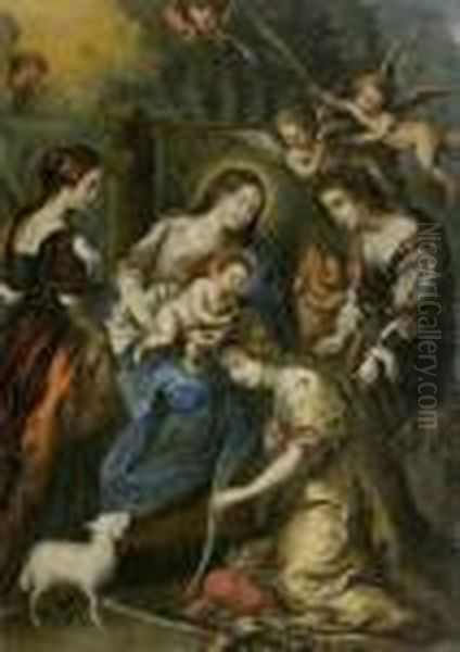 Maria Mit Dem Kind Umringt Von Drei Heiligen. Oil Painting by (studio of) Rubens, Peter Paul