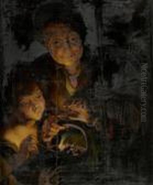 Alte Dame Mit Kind, Die Sich An Gluhender Kohle Warmen. Oil Painting by (studio of) Rubens, Peter Paul