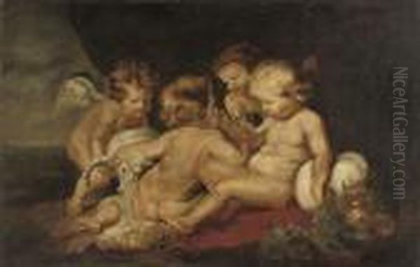 The Infant Christ And The Infant Saint John The Baptist With Two Putti In A Landscape Oil Painting by (studio of) Rubens, Peter Paul