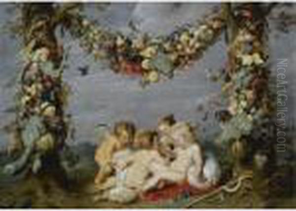 A Garland Of Fruit With The Infants Christ And Saint John The Baptist Playing Oil Painting by (studio of) Rubens, Peter Paul