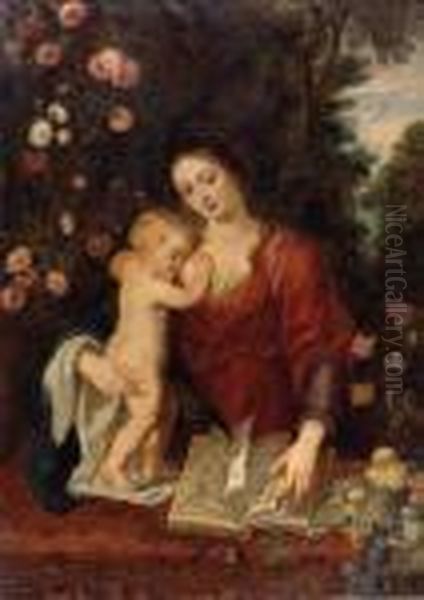 Madonna Mit Kind Und Buch In Rosen Und Landschaft Oil Painting by (studio of) Rubens, Peter Paul
