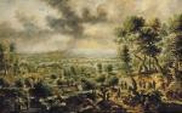 An Extensive River Landscape With Figures On A Track, A Town Nearby And Montains Beyond Oil Painting by (studio of) Rubens, Peter Paul