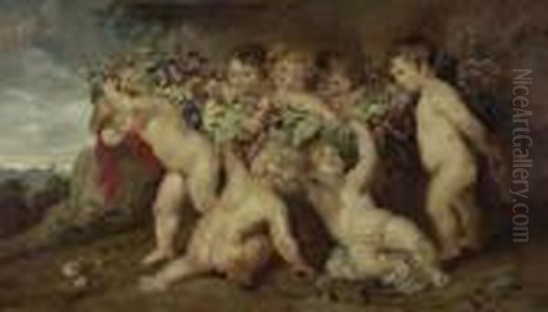 Putti Mit Blumengirlande. Oil Painting by (studio of) Rubens, Peter Paul