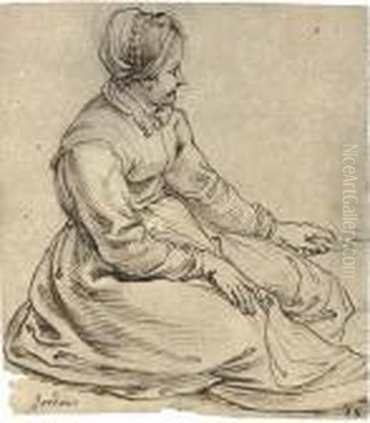A Seated Girl Wearing A Cap, In Profile To The Right, Turning A Spit Oil Painting by (studio of) Rubens, Peter Paul