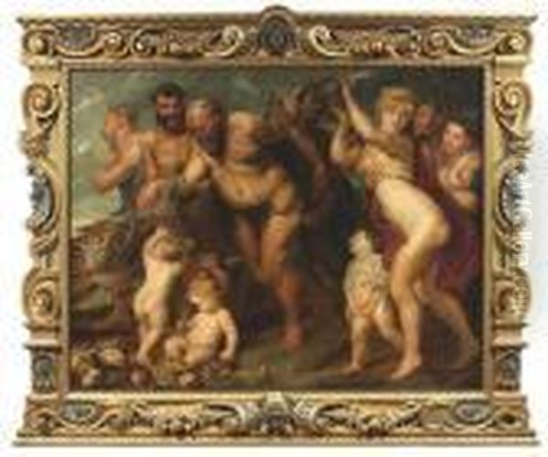 The Bacchanal. Oil/canvas Oil Painting by (studio of) Rubens, Peter Paul