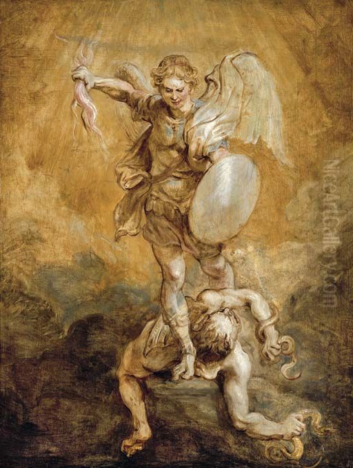 Saint Michael Subduing Lucifer Oil Painting by (studio of) Rubens, Peter Paul