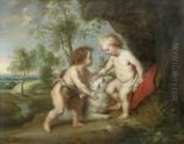 Jesus And John In A Landscape. Oil Painting by (studio of) Rubens, Peter Paul