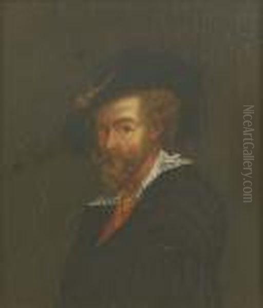 Self-portrait, Small Bust-length, In A Black Coat Oil Painting by (studio of) Rubens, Peter Paul