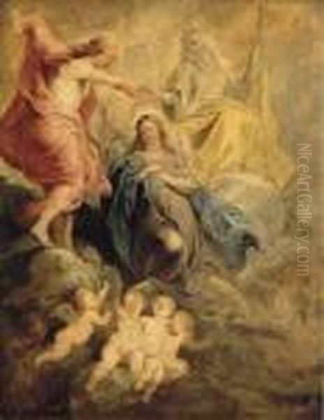 The Coronation Of The Virgin By The Trinity - A Modello Oil Painting by (studio of) Rubens, Peter Paul