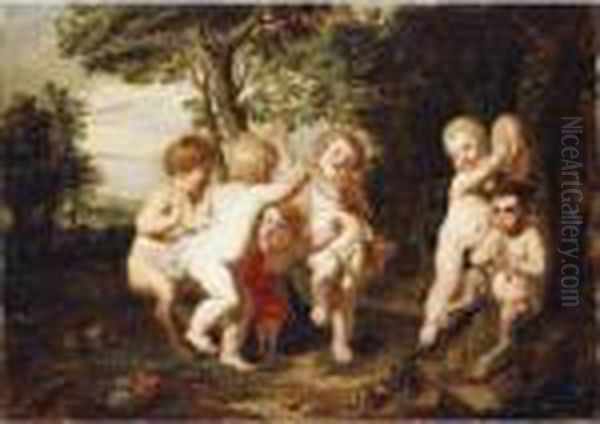 A Wooded Landscape With Putti And Satyrs Playing Music And Dancing Oil Painting by (studio of) Rubens, Peter Paul