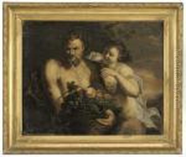 A Satyr Holding A Basket Of Grapes With A Nymph Oil Painting by (studio of) Rubens, Peter Paul