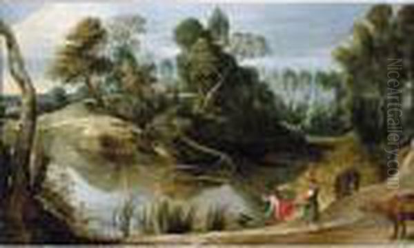 Landscape With Two Milkmaids At The Edge Of A Pond Oil Painting by (studio of) Rubens, Peter Paul