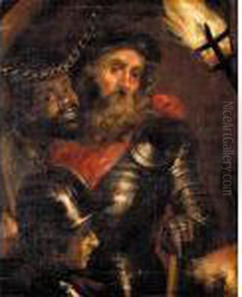 Portrait Of A Military Commander, With His Moorish Slave And A Soldier, By Torch Light Oil Painting by (studio of) Rubens, Peter Paul