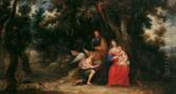 Umkreis Die Rast Der Heiligen 
Familie Auf Der Flucht Nach Agypten. Ol Auf Leinwand . H 60; B 110 Cm. 
Die Landschaft Und Tiere In Der Art Von J. Breughel D.a Oil Painting by (studio of) Rubens, Peter Paul