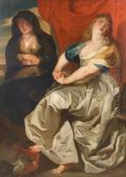 After Sir Peter Paul Rubens, 17th Century The Penitent Magdalen And Martha Oil Painting by (studio of) Rubens, Peter Paul