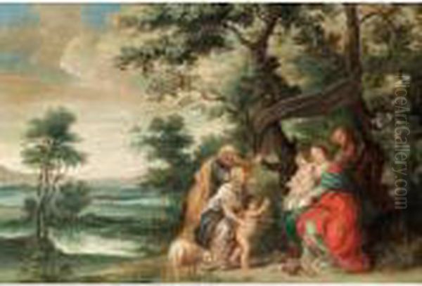 The Holy Family Receiving The Visit Of St. John The Baptist In An Extensive Landscape Oil Painting by (studio of) Rubens, Peter Paul