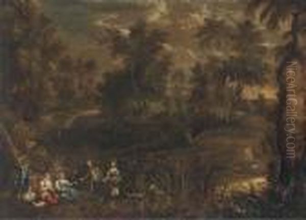 A Wooded River Landscape With Elegant Company In Theforeground Oil Painting by (studio of) Rubens, Peter Paul