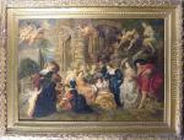 Numerous Figures Gathered By A Classical Building Oil Painting by (studio of) Rubens, Peter Paul