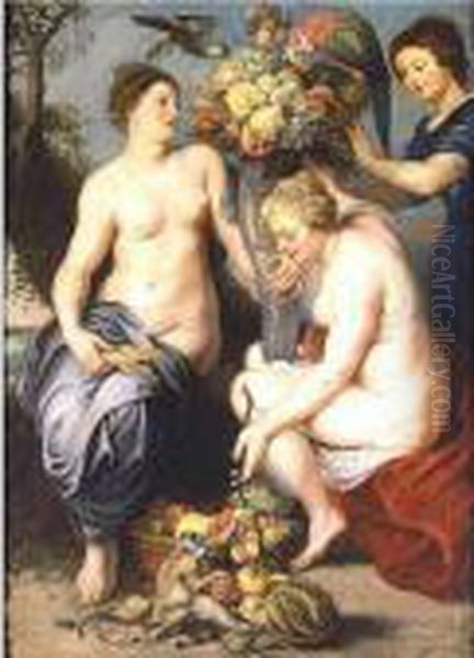 Nymphs Filling The Horn Of Plenty Oil Painting by (studio of) Rubens, Peter Paul