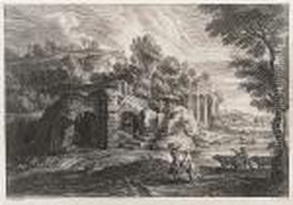 Landscape With Ruins, And Two Women Crossing A Stream Oil Painting by (studio of) Rubens, Peter Paul