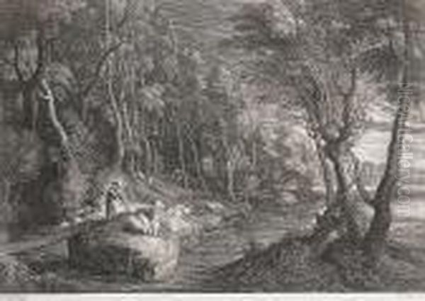 Shepherd With His Flock In A Wooded Landscape Oil Painting by (studio of) Rubens, Peter Paul