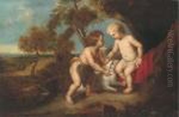 The Christ Child And The Infant Saint John The Baptist In Alandscape Oil Painting by (studio of) Rubens, Peter Paul