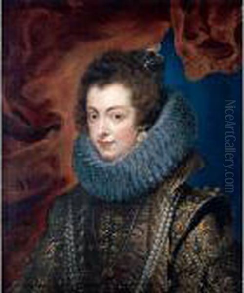 Portrait Of Isabella Of Bourbon,
 Queen Of Spain, Half Length, In An Embroidered Dress With Ruff Before A
 Red Curtain Oil Painting by (studio of) Rubens, Peter Paul