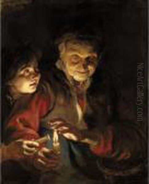A Night Scene With An Old Lady 
Holding A Basket And A Candle, A Young Boy At Her Side About To Light 
His Candle From Hers Oil Painting by (studio of) Rubens, Peter Paul