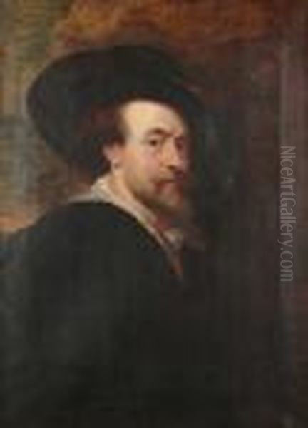 A Portrait Of The Artist, Half-length, With A White Lace Collar Oil Painting by (studio of) Rubens, Peter Paul