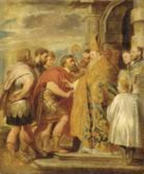 Saint Ambrose And The Emperor Theodosius Oil Painting by (studio of) Rubens, Peter Paul