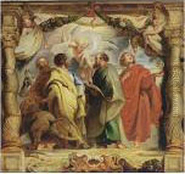 The Four Evangelists With Putti Holding Fruit Garlands Oil Painting by (studio of) Rubens, Peter Paul