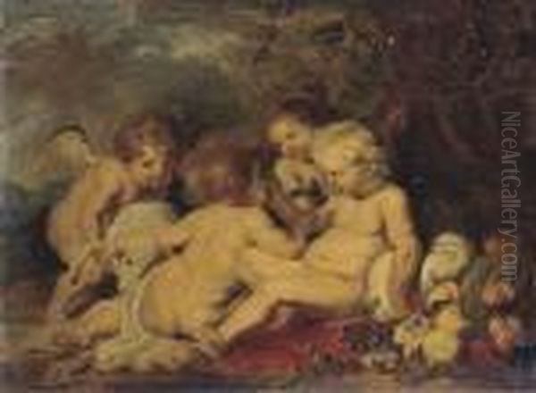 The Christ Child And The Intant Saint John The Baptist With Puttiin A Wooded Clearing Oil Painting by (studio of) Rubens, Peter Paul