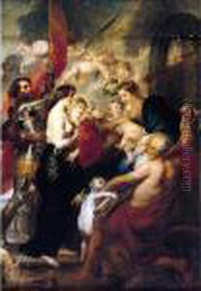 The Virgin And Child With Saints George, Mary Magdalene, Jerome And Augustine Oil Painting by (studio of) Rubens, Peter Paul