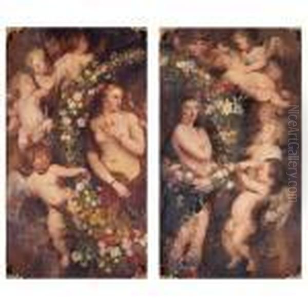 Venus Surrounded By A Garland Of
 Flowers And Putti And Helena Fourment Surrounded By A Garland Of 
Flowers And Putti: A Pair Of Paintings Oil Painting by (studio of) Rubens, Peter Paul