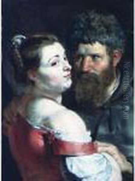 A Fisherman In A Frisian Hat And A Peasant Woman Embracing Oil Painting by (studio of) Rubens, Peter Paul
