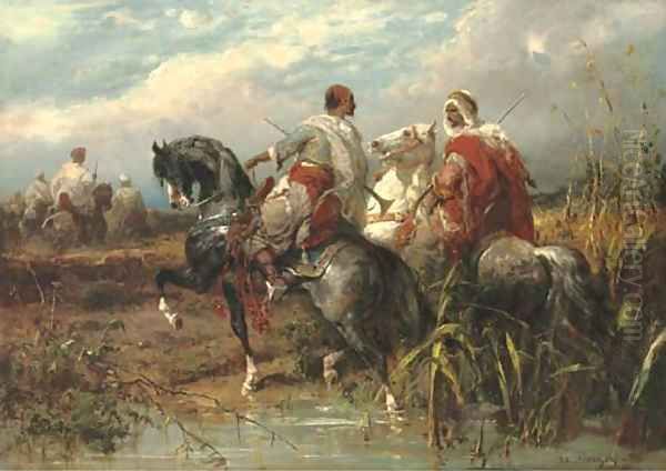 Two arabs fording a stream Oil Painting by Adolf Schreyer