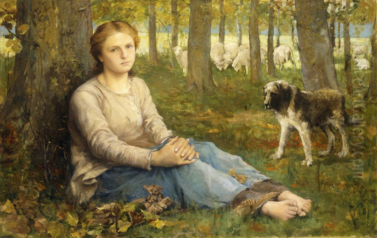 A Shepherdess and her Flock Oil Painting by John Macallan Swan