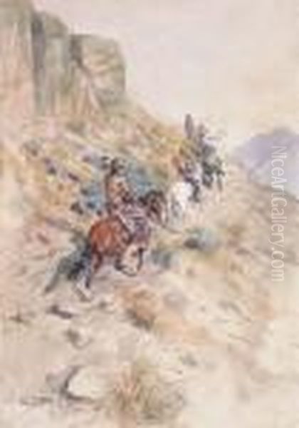 Indians On A Mountain Path Oil Painting by Charles Marion Russell