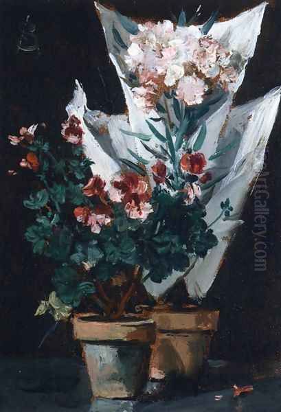 Still Life wit Potted Geraniums Oil Painting by Alfred Stevens