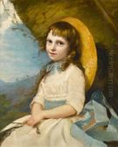 Portrait Of A Young Girl, 
Three-quarterlength, Seated, In A White Dress With A Blue Sash And A 
Strawhat Oil Painting by John Russell