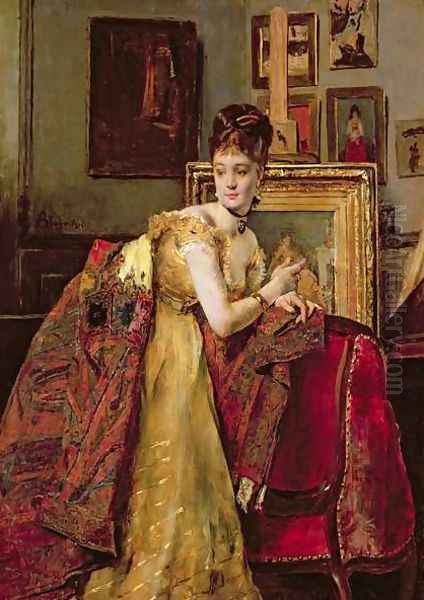 Woman with an Indian shawl in a studio Oil Painting by Alfred Stevens