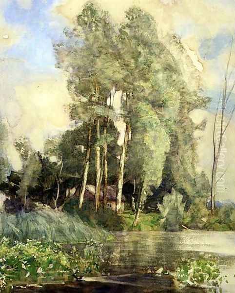 A Cottage on a Riverbank Oil Painting by Adrian Scott Stokes