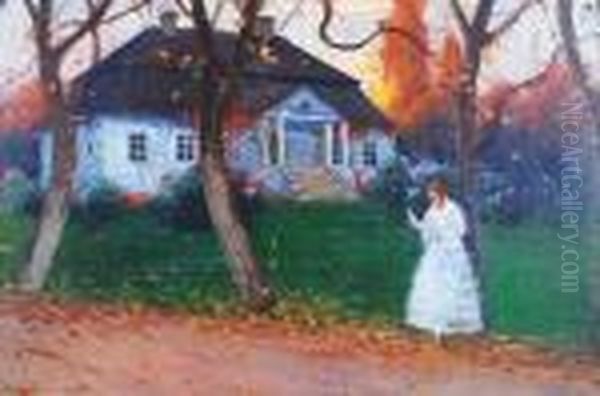 Przed Dworkiem Oil Painting by Bronislawa Rychter-Janowska