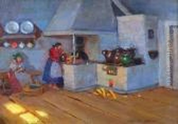 Wnetrze Izby Wiejskiej W Sadeckiem Oil Painting by Bronislawa Rychter-Janowska