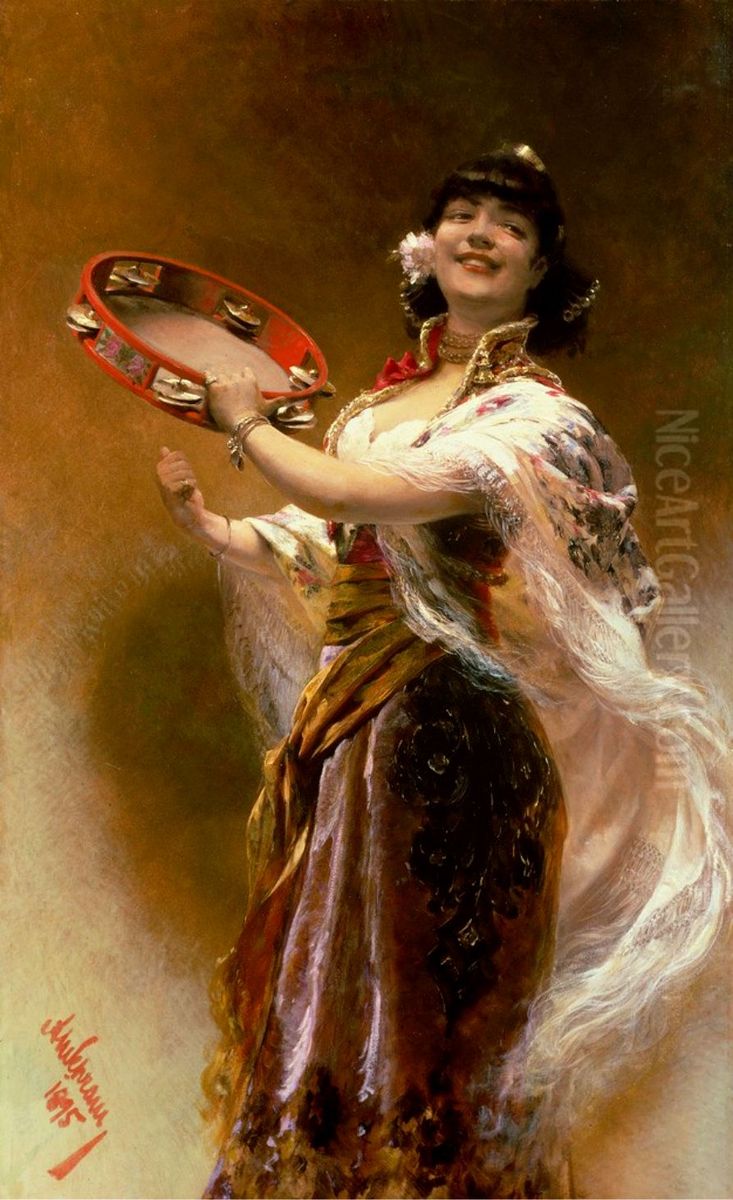 Gypsy Girl with a Tambourine Oil Painting by Alois Hans Schram