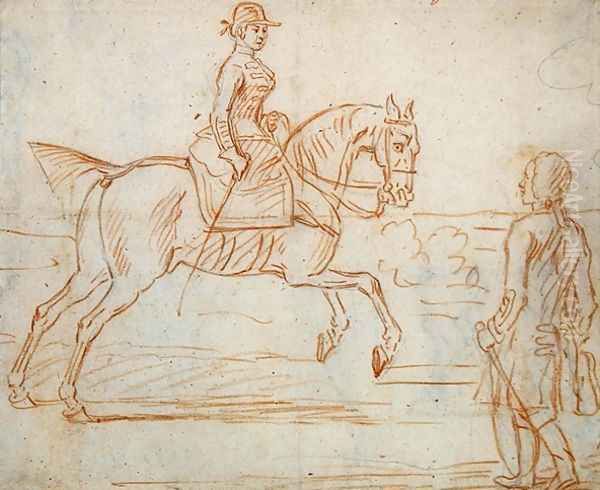 A lady riding side-saddle turns to look at a dismounted rider Oil Painting by James Seymour