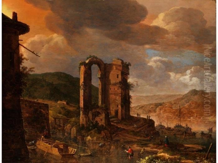 Landschaft Mit Romischer Ruine 
Uber Einem Flusstal Mit Blick Auf Ferne Hugel Und Gebauden Am Ufer Oil Painting by Herman Saftleven
