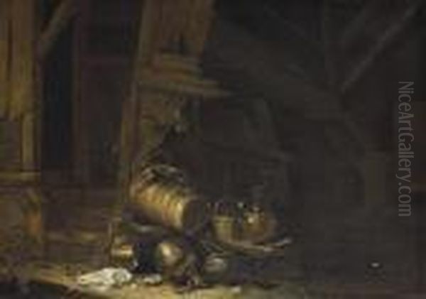 A Butter Churn, A Basket Of 
Figs, A Bowl Of Eggs, A Frying Pan, A Broken Lamp, A Kiln And Other 
Vessels In A Barn Oil Painting by Herman Saftleven