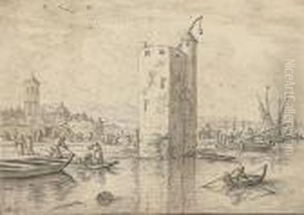 A Bustling Canal Scene With A 
Town To The Left And A Large Tower,men In Boats In The Foreground Oil Painting by Herman Saftleven